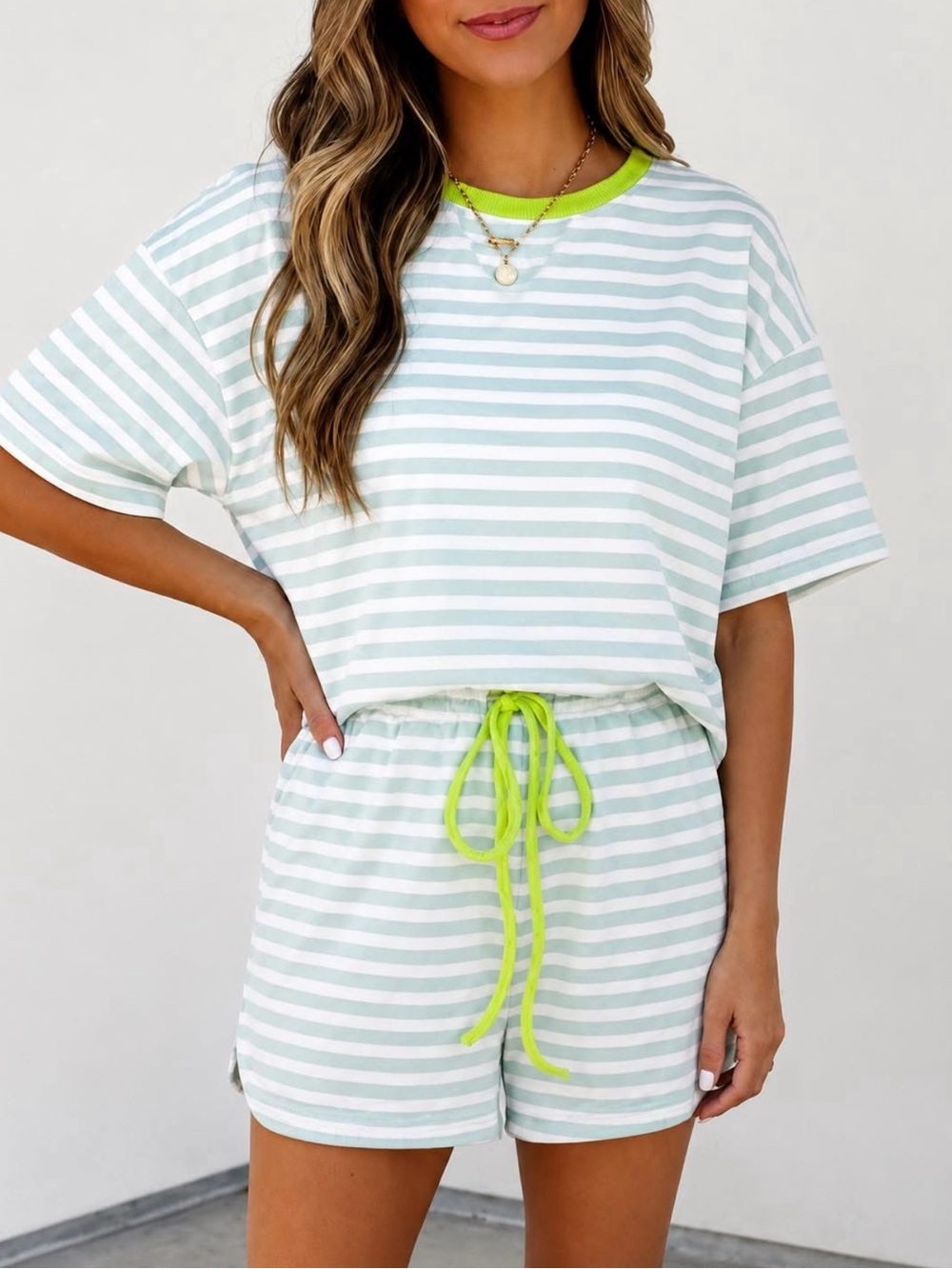 Striped Two-Piece Lounge Set in Mint & Neon Yellow